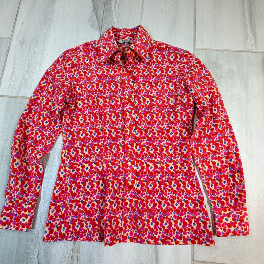 Tucker Womens XS Silk Floral Button Down Blouse Red Pink Retro Long Sleeve Top